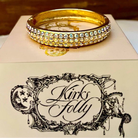 Kirks Folly Brilliant Blue Aurora Borealis Crystals Gold Plated Hinged Bracelet - Picture 7 of 8